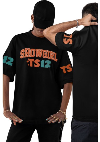 Unisex Showgirl Ts 12 Kol Baskılı Tişört, Oversize Taylor Swift Temalı Bisiklet Yaka T-Shirt