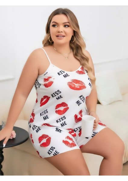 Büyük Beden Kiss Me Öpücük Desen Pamuklu Şortlu Pijama Takımı