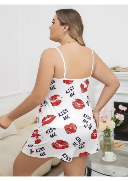 Büyük Beden Kiss Me Öpücük Desen Pamuklu Şortlu Pijama Takımı modelleri