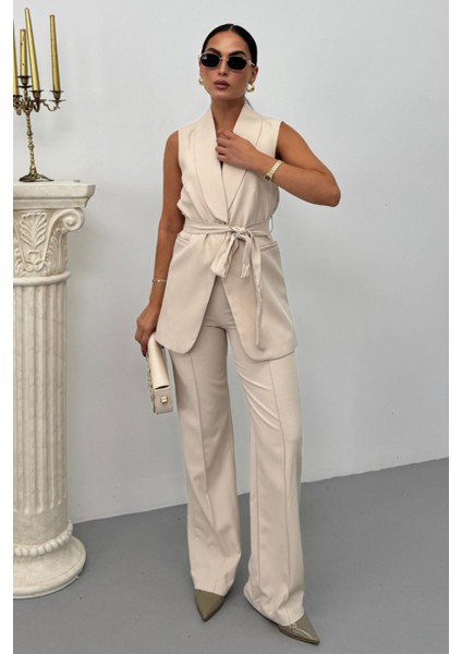 Kadın Ikili Alt Üst Takım Şık Kuşaklı Cep Detaylı Yelek Pantolon Takım