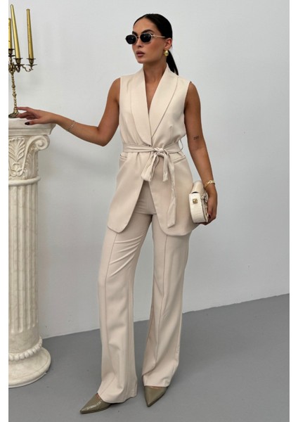 Kadın Ikili Alt Üst Takım Şık Kuşaklı Cep Detaylı Yelek Pantolon Takım fiyatları