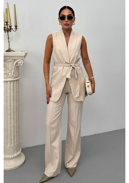 Kadın Ikili Alt Üst Takım Şık Kuşaklı Cep Detaylı Yelek Pantolon Takım modelleri