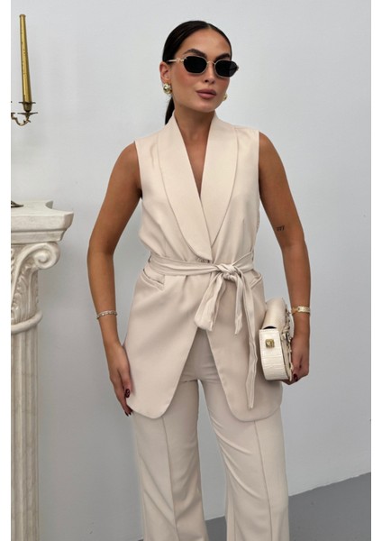Kadın Ikili Alt Üst Takım Şık Kuşaklı Cep Detaylı Yelek Pantolon Takım fırsatları