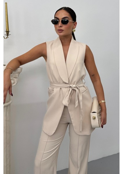 Kadın Ikili Alt Üst Takım Şık Kuşaklı Cep Detaylı Yelek Pantolon Takım indirimleri