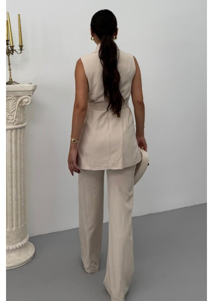 Kadın Ikili Alt Üst Takım Şık Kuşaklı Cep Detaylı Yelek Pantolon Takım