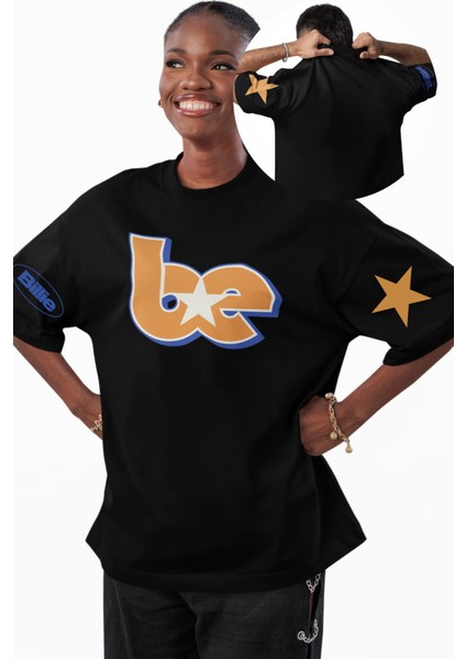 Unisex Be Billie Star Kol Baskılı Tişört, Oversize Billie Eilish Temalı Bisiklet Yaka T-Shirt