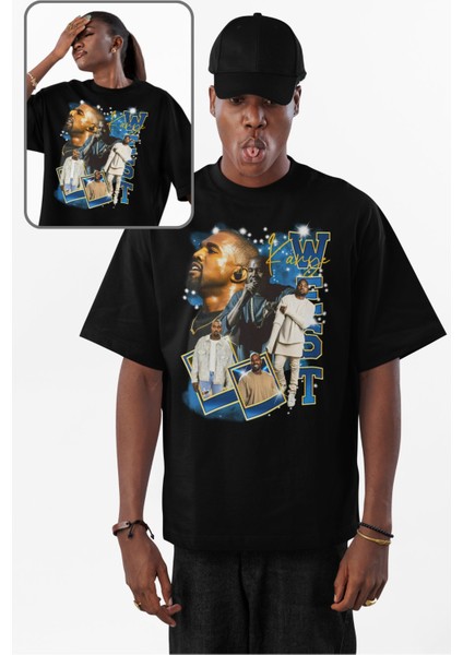 Unisex Kanye West Yazılı Tişört, Oversize Rapper Temalı Bisiklet Yaka T-Shirt