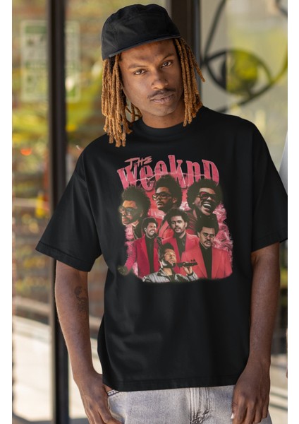 Unisex Red The Weeknd Yazılı Tişört, Oversize Rapper Temalı Bisiklet Yaka T-Shirt
