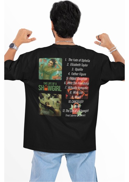 Unisex The Life Of A Showgirl Albüm Şarkıları Sırt Baskılı Tişört, Oversize Taylor Swift T-Shirt modelleri