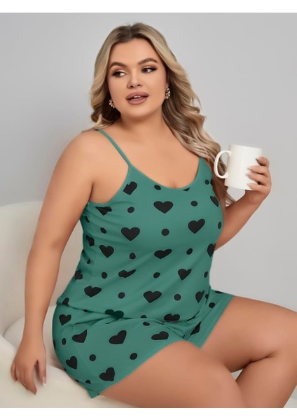 Büyük Beden Yeşil Kalp Desen Pamuklu Şortlu Pijama Takımı
