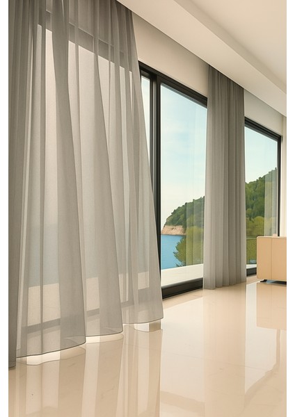 Dökümlü Düz Ipek Tül Perde - Taş Rengi - Pileli Dikim 1x2,5 Pile - 4216