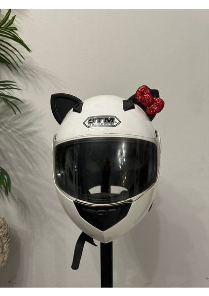 Motor & Motosiklet Kırmızı Fiyonklu Siyah Kedi Kulak Kask Dış Aksesuarı