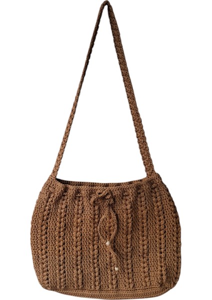Açık Kahverengi Renk El Örgüsü Ipli Model Bayan Yazlık Örgü Çanta