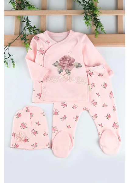 Gül Kanaviçe Çiçek Nakışlı 3'lü Kız Bebek Takım Hastane Çıkışı