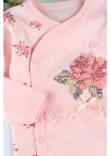 Gül Kanaviçe Çiçek Nakışlı 3'lü Kız Bebek Takım Hastane Çıkışı modelleri