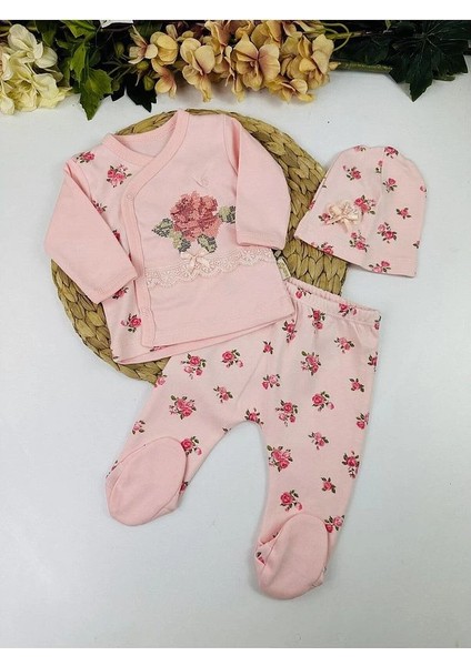 Gül Kanaviçe Çiçek Nakışlı 3'lü Kız Bebek Takım Hastane Çıkışı indirimleri