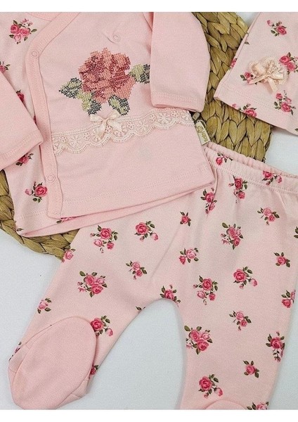 Gül Kanaviçe Çiçek Nakışlı 3'lü Kız Bebek Takım Hastane Çıkışı