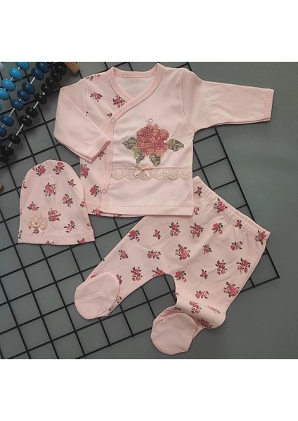 Gül Kanaviçe Çiçek Nakışlı 3'lü Kız Bebek Takım Hastane Çıkışı