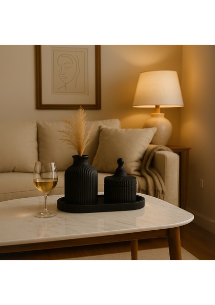 3 Parçalı Dekoratif Set – Çizgili Vazo, Kapaklı Mumluk & Oval Tepsi