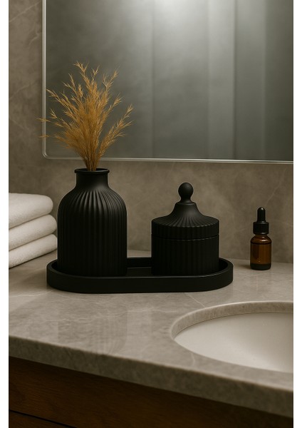 3 Parçalı Dekoratif Set – Çizgili Vazo, Kapaklı Mumluk & Oval Tepsi modelleri