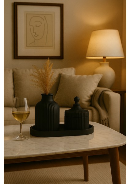 3 Parçalı Dekoratif Set – Çizgili Vazo, Kapaklı Mumluk & Oval Tepsi