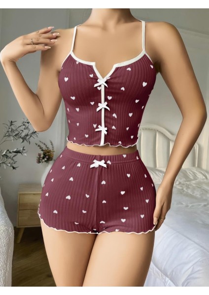 Pamuklu Kahverengi Üstüne Beyaz Kalp Desen Fitilli Askılı Şortlu Pijama Takımı fiyatları