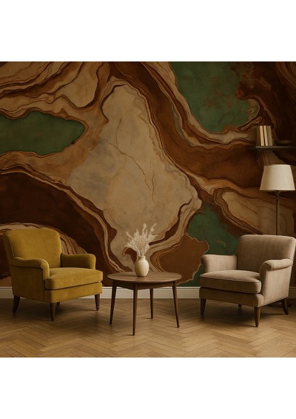 Kahverengi Yeşil Katmanlı Doğal Taş Desenli Duvar Kağıdı | Kendinden Yapışkanlı modelleri