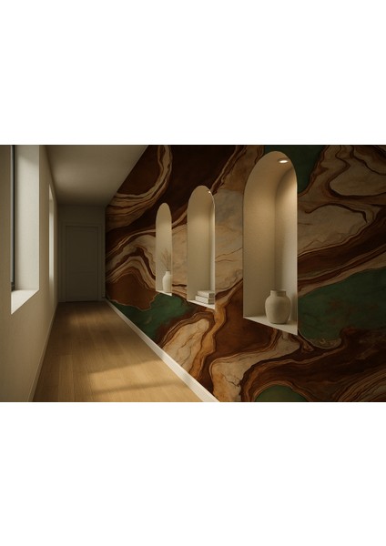 Kahverengi Yeşil Katmanlı Doğal Taş Desenli Duvar Kağıdı | Kendinden Yapışkanlı