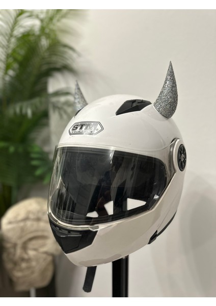 Motor & Motosiklet Gümüş Hologramlı Simli Şeytan Boynuzu Kask Dış Aksesuar fiyatları