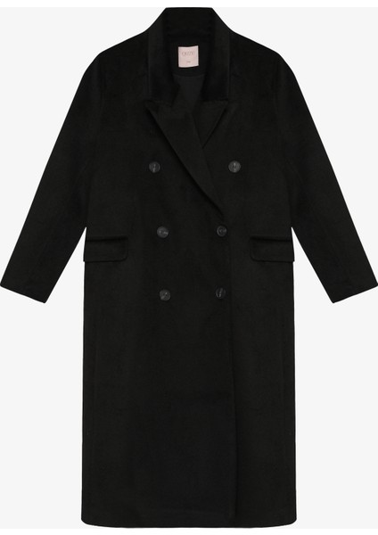 Vatkalı Yırtmaçlı Uzun Kaşe Kaban Siyah