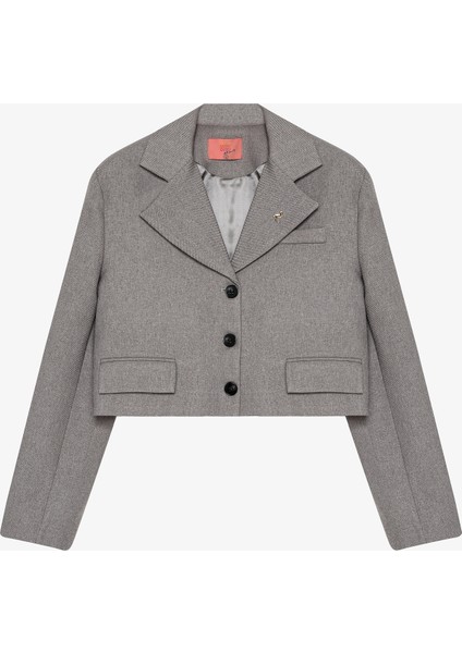 Broş Aksesuarlı Düğmeli Crop Blazer Ceket Gri