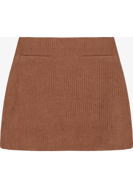 Fitilli Cep Detaylı Kadife Mini Etek Kahverengi