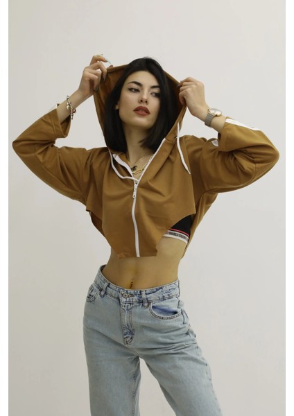 Kapşonlu Yan Dekolteli Sweat Taba - P-019669 fiyatları