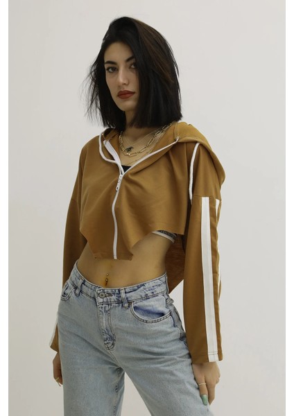 Kapşonlu Yan Dekolteli Sweat Taba - P-019669 modelleri