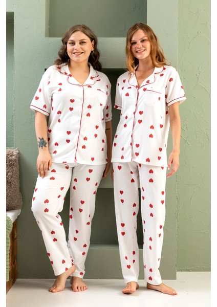 Kısa Kol Gömlek Yaka Pinterest Pijama Takımı - Yazlık ,geniş Beden Aralığı