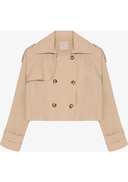 Çift Düğmeli Kruvaze Yaka Kısa Trençkot Bej