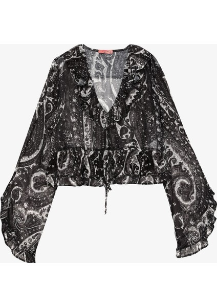 Etnik Desenli Fırfırlı V Yaka Tül Bluz Siyah