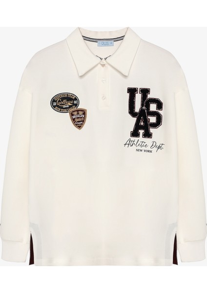 Arma Nakışlı Polo Yaka Oversize Sweatshirt Ekru