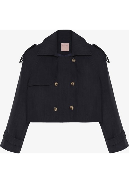 Çift Düğmeli Kruvaze Yaka Kısa Trençkot Lacivert