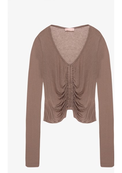 Önü Büzgülü V Yaka Transparan Bluz Vizon