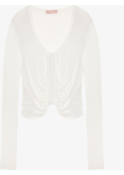 Önü Büzgülü V Yaka Transparan Bluz Ekru