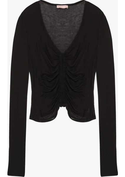 Önü Büzgülü V Yaka Transparan Bluz Siyah