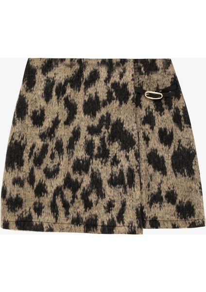 Leopar Kemer Detay Mini Etek Bej