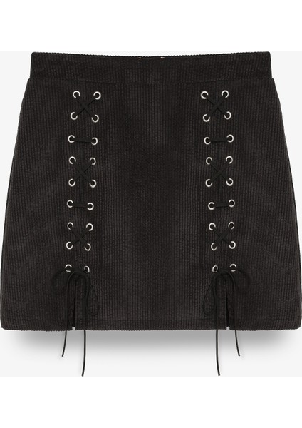 Bağcıklı Kadife Fitilli Mini Etek Siyah
