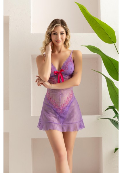 Transparan Babydoll String Takım Lila (MGP32096)