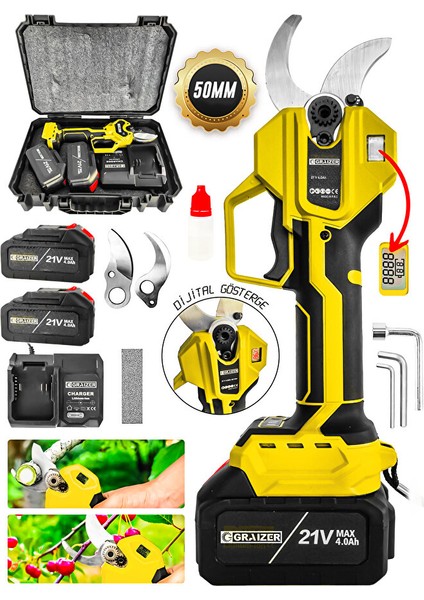 S-55 mm Dijital Kömürsüz Akülü Bağ Dal Ağaç Kesme Biçme Budama Şarjlı Makası Makas Makinesi
