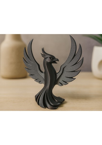 Siyah Anka Kuşu Biblo – Kanatlarını Açmış Dekoratif Figür, Modern 3D Baskı Tasarım, Ev ve Ofis Aksesuarı