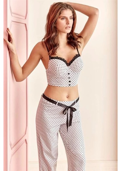 Fantezi Bralet Sütyen Pamuklu Puantiye Desenli Desteksiz Dantel Detaylı Pijama Takımı modelleri