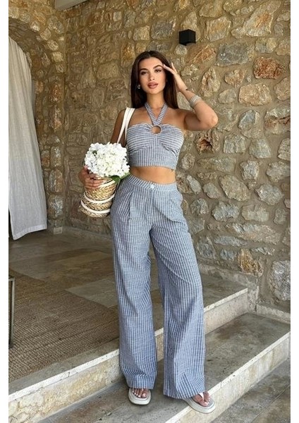 Vesna Keten Çizgili Crop Takım 9806-0025