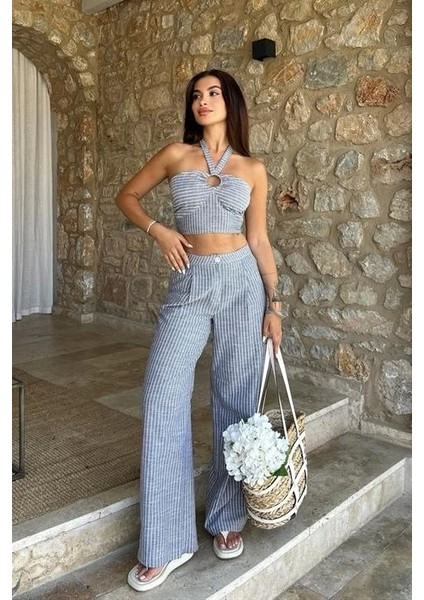 Vesna Keten Çizgili Crop Takım 9806-0025 fırsatları